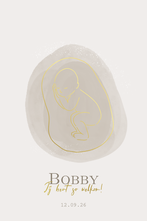 Geboortekaartje lijntekening baby baarmoeder unisex beige goudfolie