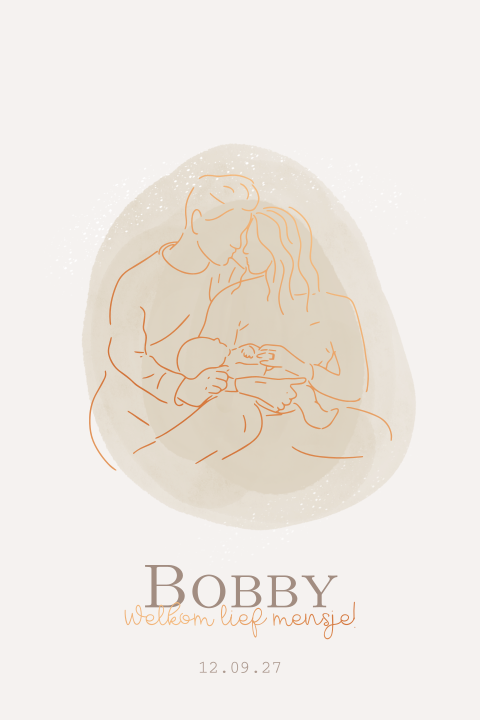 Geboortekaartje lijntekening vader moeder met baby in goudfolie