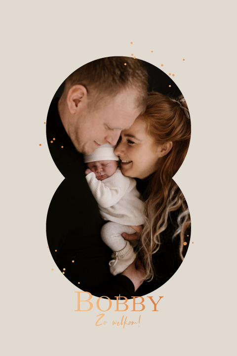 Geboortekaartje unisex met achtvorm en newbornfoto met foliedruk