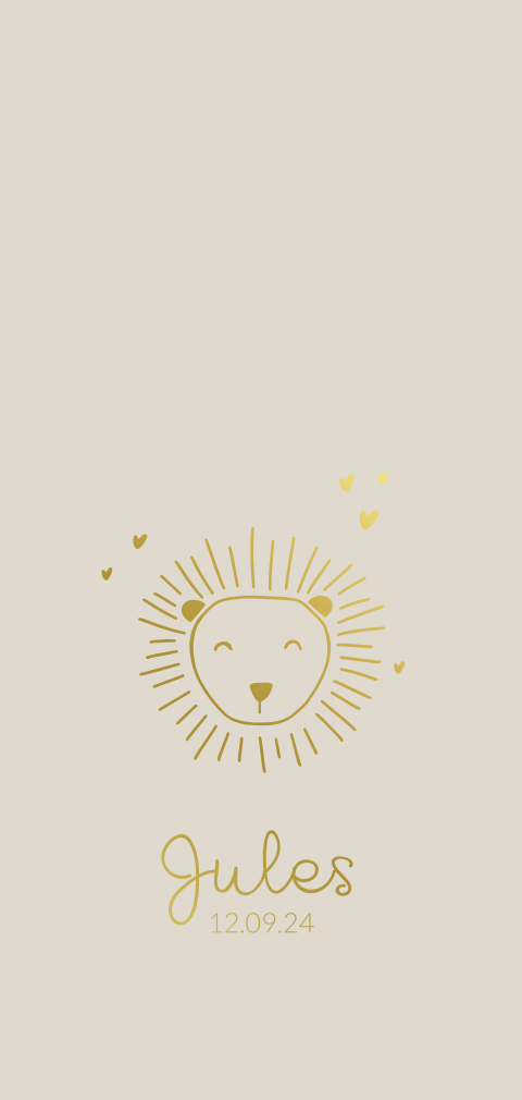 Geboortekaartje meisje jongen met leeuwen welpje in goudfolie en beige