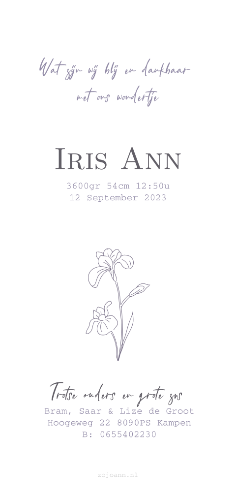 Geboortekaartje met geboortebloem februari de Iris met lila paars