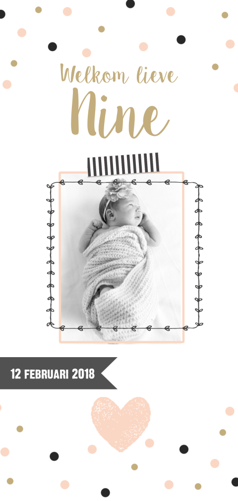 Lief langwerpig staand geboortekaartje met confetti en foto