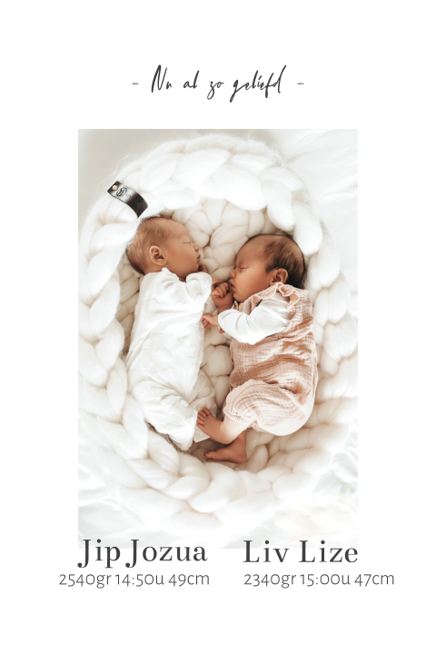 Geboortekaartje voor een tweeling met newborn foto met luikje