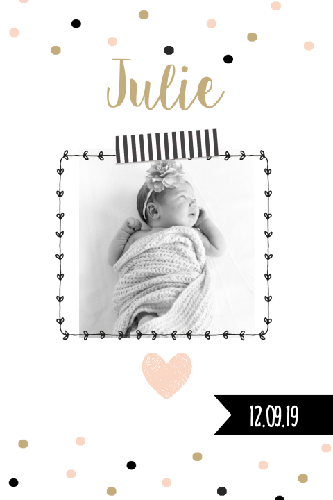 Hip geboortekaartje met confetti, label en newbornfoto