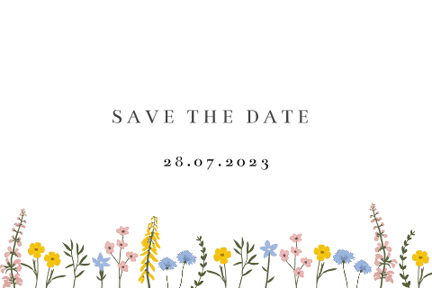 Save the date kaart met vrolijke bloemetjes