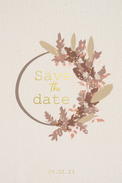 Save the date kaart met droogbloemen krans en folie