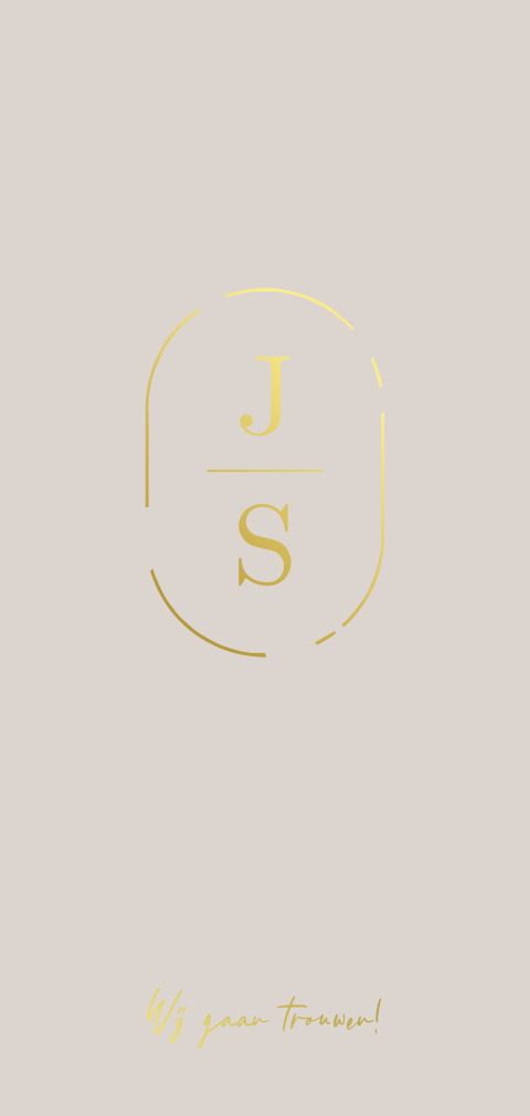 Trouwkaart met initialen namen logo goudfolie en beige natuurtinten