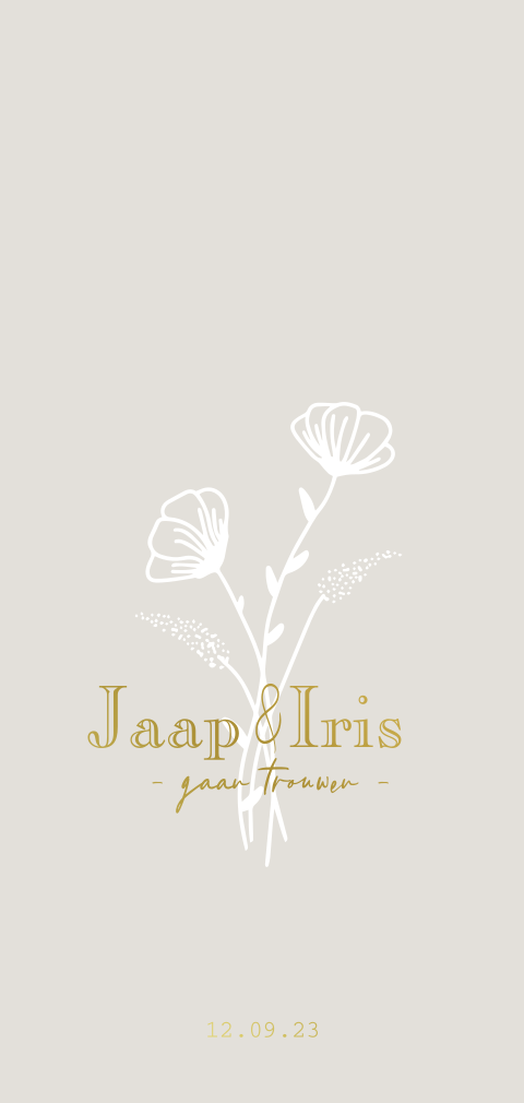 Trouwkaart minimalistisch met boeketje bloemen en goudfolie