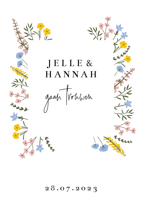 Trouwkaart met minimalistisch lettertype en vrolijke bloemetjes