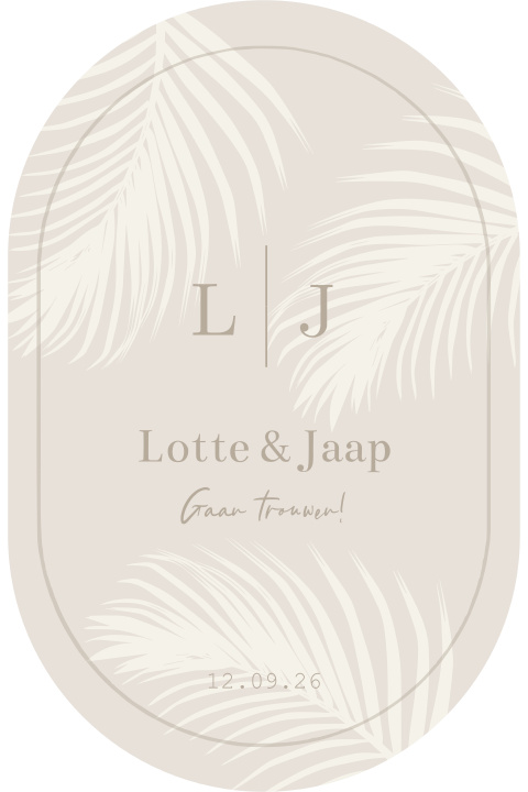 Trouwkaart ovalen vorm in beige tinten palmboom takken en initialen