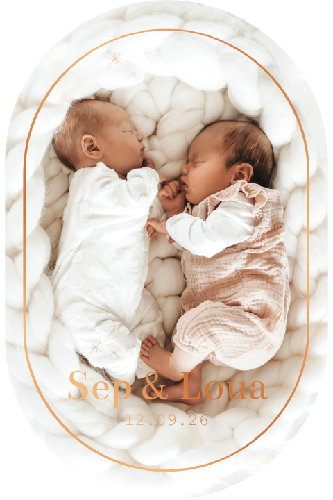 Tweeling geboortekaartje ovalen vorm newborn foto goudfolie sterretjes