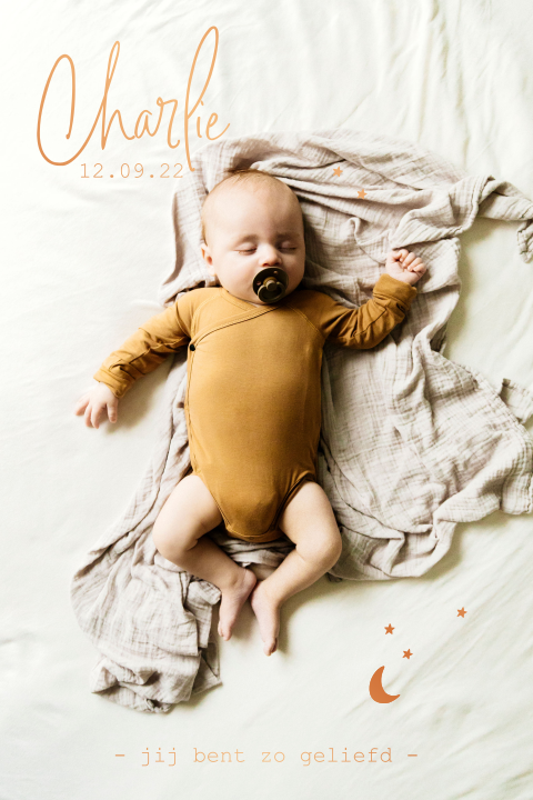 Unisex geboortekaartje met newborn foto en koperfolie en maan
